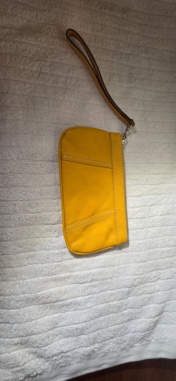 Tignanello Mustard Yellow Pebbled Leather Wristlet Clutch Zip Pouch